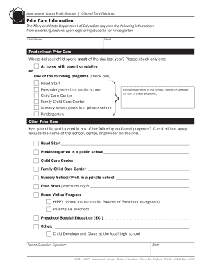 Maryland Kindergarten Prior Care Information Form