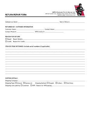 Wholesale Fire & Rescue Return/Repair Form