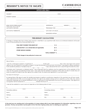 Resident's Notice to Vacate