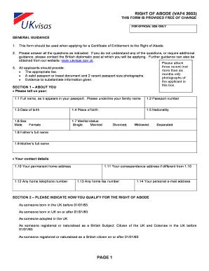 Right of Abode Application Form VAF4 2003