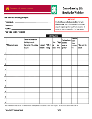 Swine Breeding Gilts Identification Worksheet