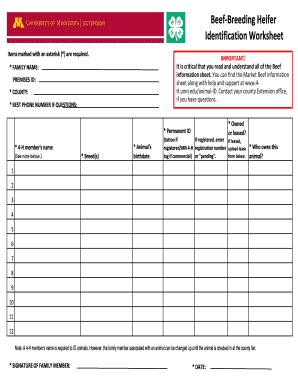 Beef Breeding Heifer Identification Worksheet