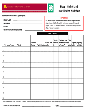 4-H Sheep Market Lamb Identification Worksheet