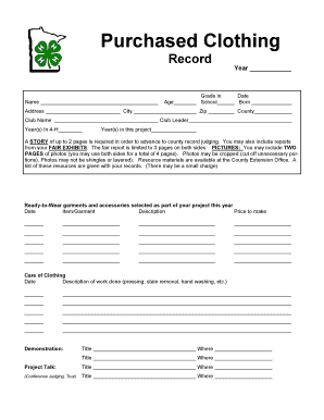 4-H Clothing Project Record