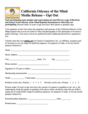 California Odyssey of the Mind Media Release Opt Out