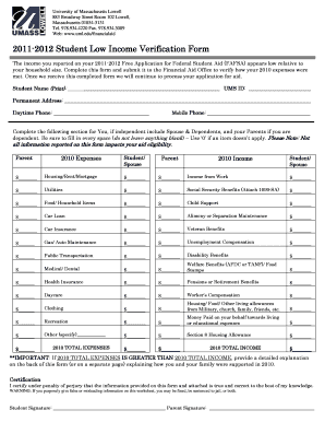 2011-2012 Student Low Income Verification Form
