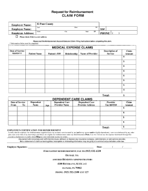 El Paso County Reimbursement Claim Form