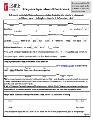 Undergraduate Request to Re-enroll to Temple University