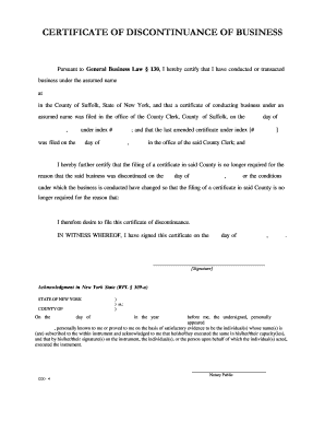 Certificate of Discontinuance of Business