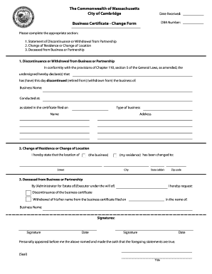 Massachusetts Business Certificate Change Form