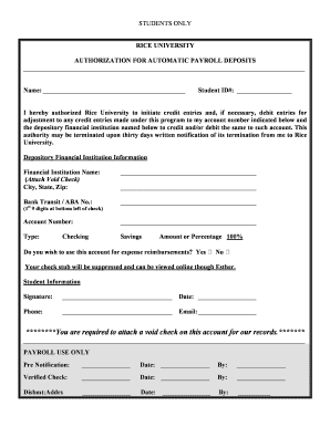 Rice University Payroll Deposit Authorization