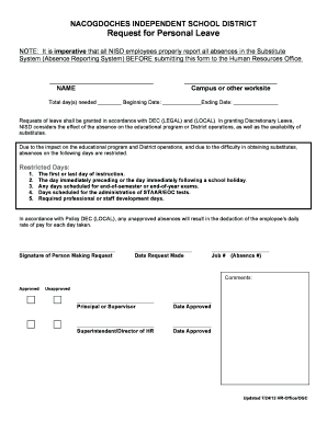 NISD Request for Personal Leave
