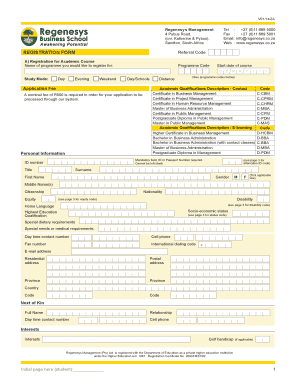 Regenesys Academic Course Registration Form
