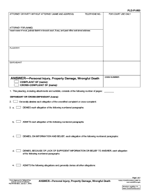 California Answer Form for Personal Injury, Property Damage, Wrongful Death