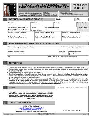 FETAL DEATH CERTIFICATE FEE PER COPY REQUEST FORM IS 20 - ci berkeley ca