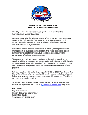 City Manager Administrative Assistant Job Description and City Employment Application - two-rivers