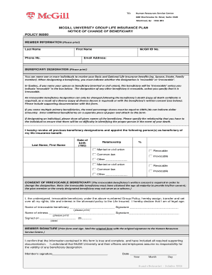 McGill University Group Life Insurance Beneficiary Change Notice