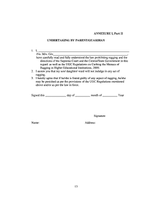 Undertaking by Parent Guardian Against Ragging
