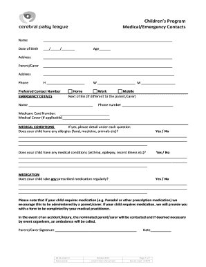 Children's Program Medical Emergency Contact Form
