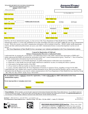 Texas Minor Consent Form for Immunization Registry