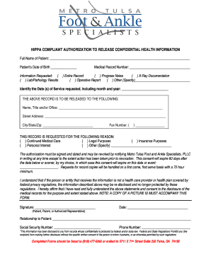 HIPAA Authorization to Release Confidential Health Information