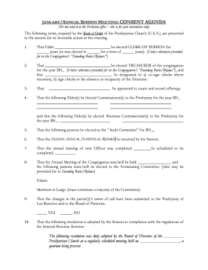 Presbyterian Church Session Meeting Consent Agenda