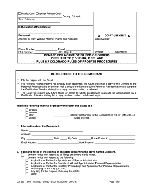 Demand for Notice of Filings or Orders