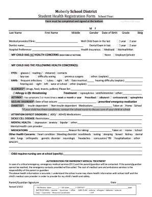Moberly School District Student Health Registration Form