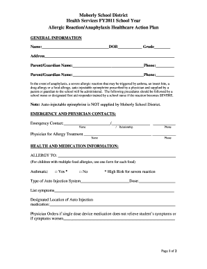 Allergic Reaction Anaphylaxis Healthcare Action Plan