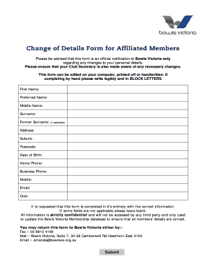 Change of Details Form for Affiliated Members