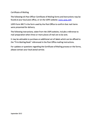 USPS Certificate of Mailing Form 3817