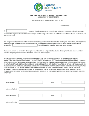 New York Motor Vehicle No-Fault Insurance Assignment of Benefits Form