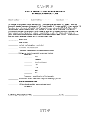 School Immunization Catch Up Permission Form