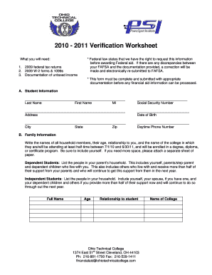2010-2011 Financial Aid Verification Worksheet