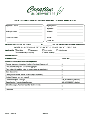 Sports Camps Clinics Leagues General Liability Application