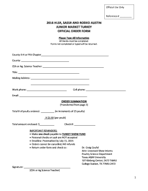 Texas Youth Market Turkey Order Form