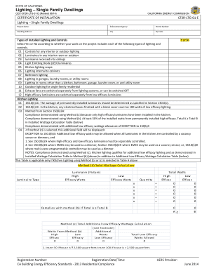 California Certificate of Installation for Lighting in Single Family Dwellings