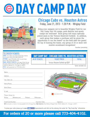 Chicago Cubs Day Camp Day Ticket Order Form