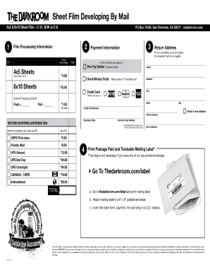 Sheet Film Developing By Mail Form
