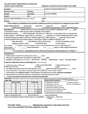 Diabetes Action Plan for Student with Pump