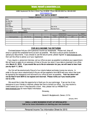 2015 Personal Income Tax Data Sheet