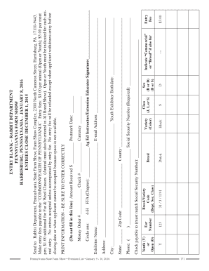 Pennsylvania State Farm Show Rabbit Entry Form