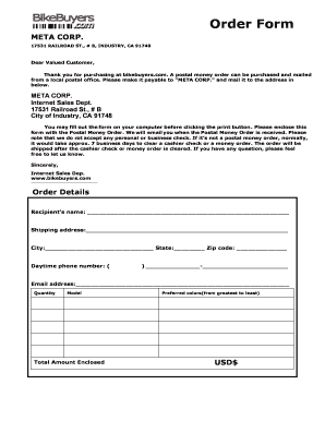 Order Form for Bike Purchases