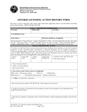 Adverse Licensing Action History Form