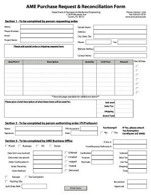 Purchase order mail format - AME Purchase Request Reconciliation Form - ame engr arizona