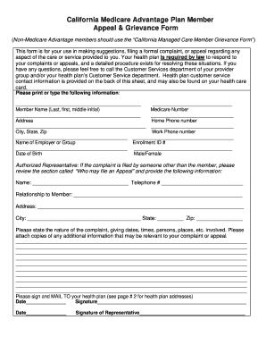 California Medicare Advantage Plan Appeal & Grievance Form