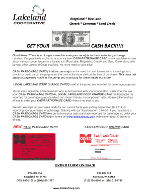 Lakeland Cooperative Cash Patronage Card Order Form