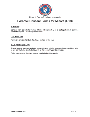 Surf Life Saving Queensland Parental Consent Form for Minors