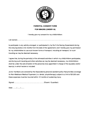 Parental Consent Form for Surf Life Saving Queensland