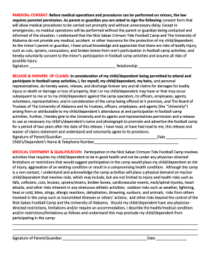 Nick Saban Crimson Tide Football Camp Parental Consent Form